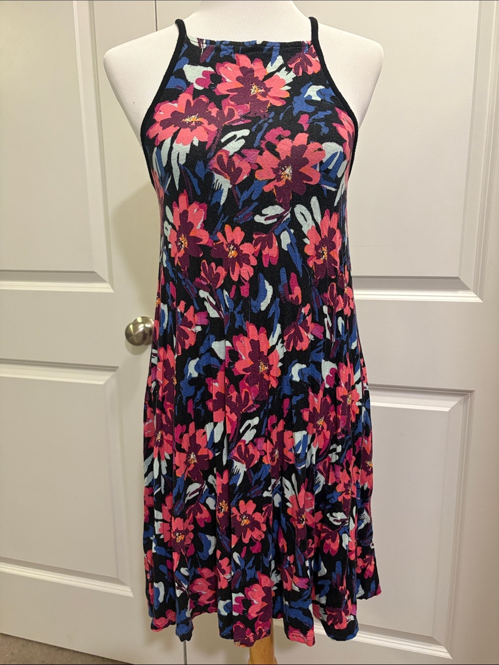 SO Floral Halter Mini Dress in Pink and Blue on Black
